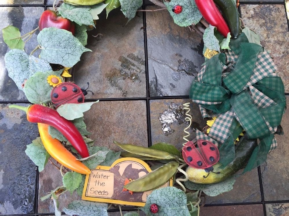 Chili Pepper Sunflower Ladybug Peapod Watering Can Seeds Wreath 16″ by 5″ Deep