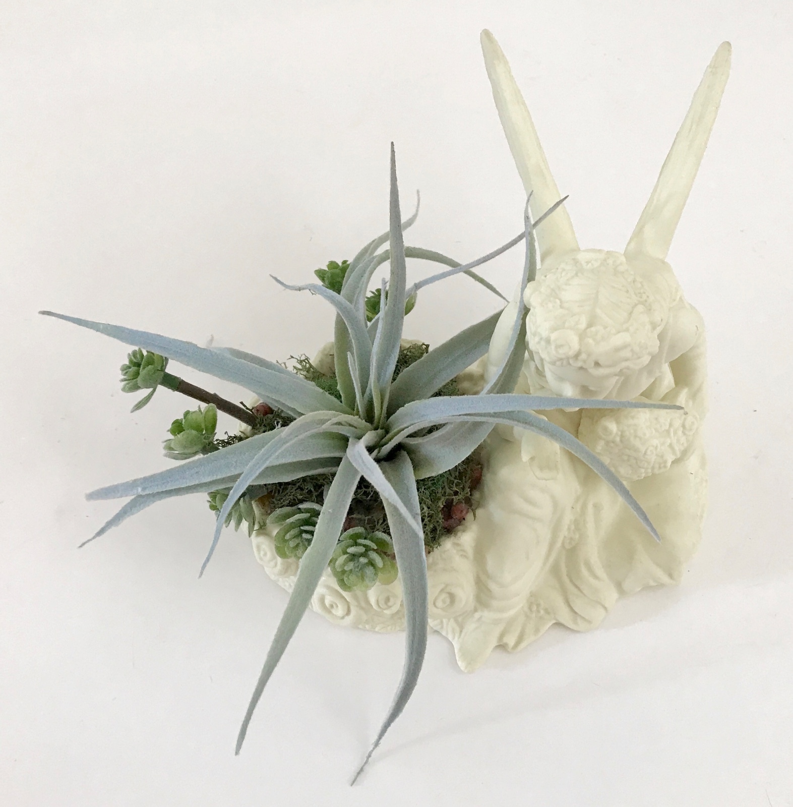 Decorative Ceramic White Seated Angel with Flower Basket Green Grass Succulent
