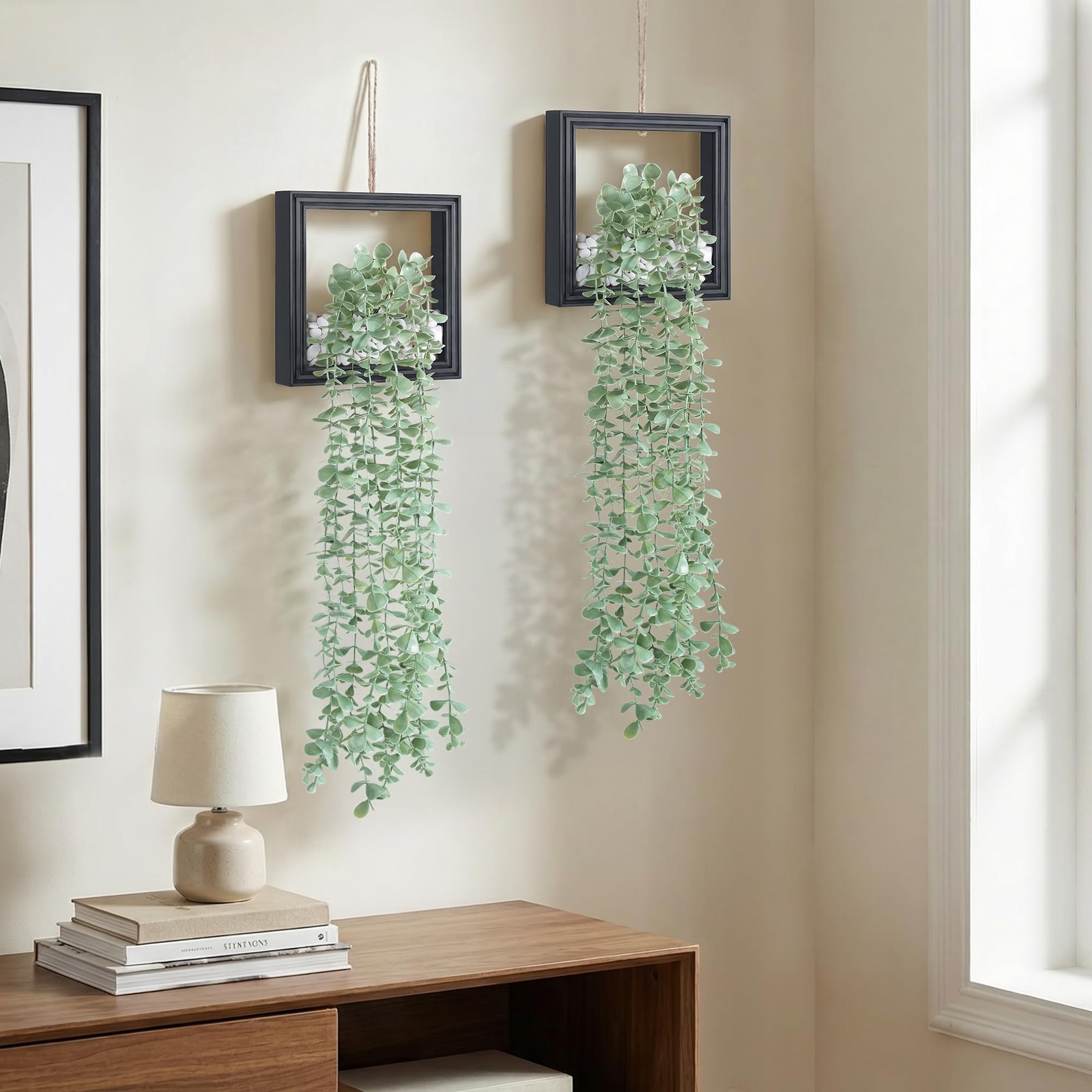 2 Pack Fake Plants Hanging, Artificial Eucalyptus Vines in Square Wooden Fram…