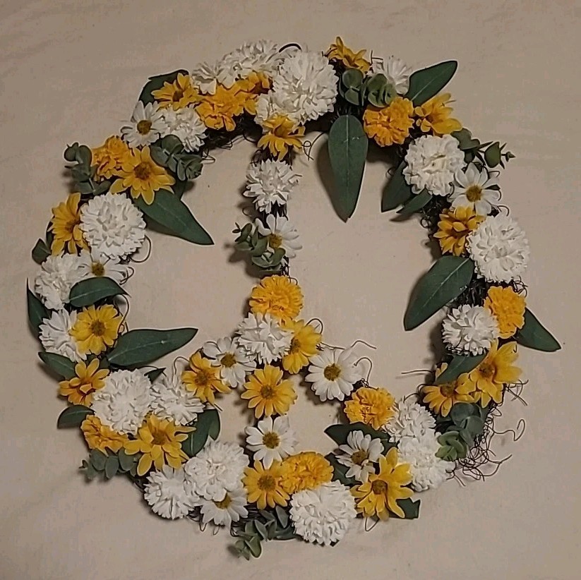 Peace Wreath Carnations Daisies Eucalyptus Leaves Foliage Cottagecore Boho 18″