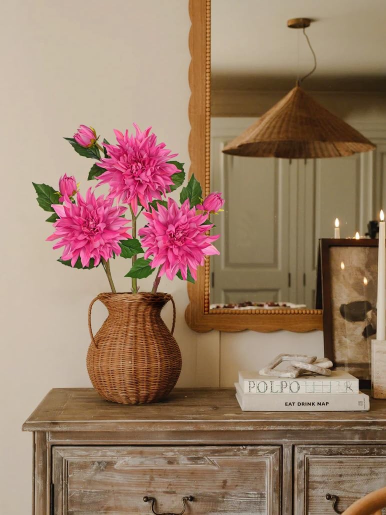 Artificial Dahlia Flowers – Set of 3 | 27.9″ Tall Real-Touch Silk Dahlia Stem…