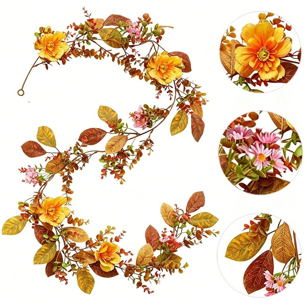 Seasonal Touch Autumn Floral Garland Orange Daisy Decor Waterproof Printed Cloth