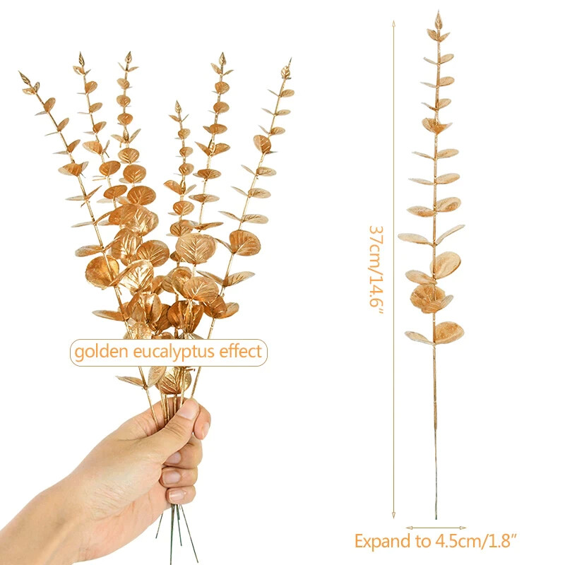 10Pcs Gold Eucalyptus Leaves Branch Artificial Plants Christmas New Year Deco