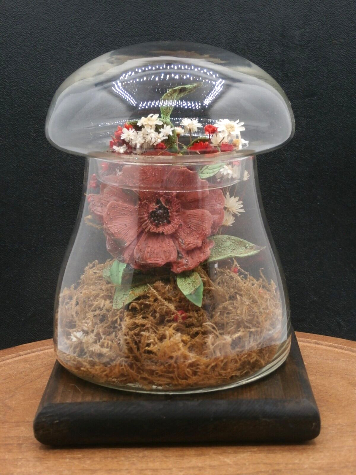 Vtg Mushroom-Shaped Glass Terrarium w/Dried Flowers Wood Stand Leonard Creations