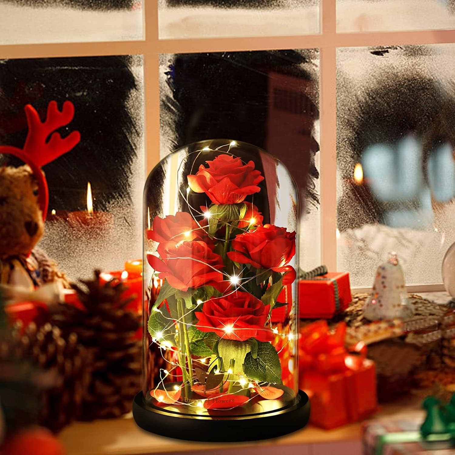 Mothers Day Rose Gifts for Women Beauty and Beast in Glass Dome with LED Light