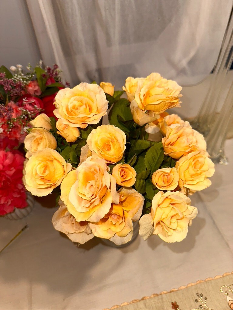 2 set 14″ Tall 14 Stems Yellow Roses Artificial Flowers Blossom Silk glass vase