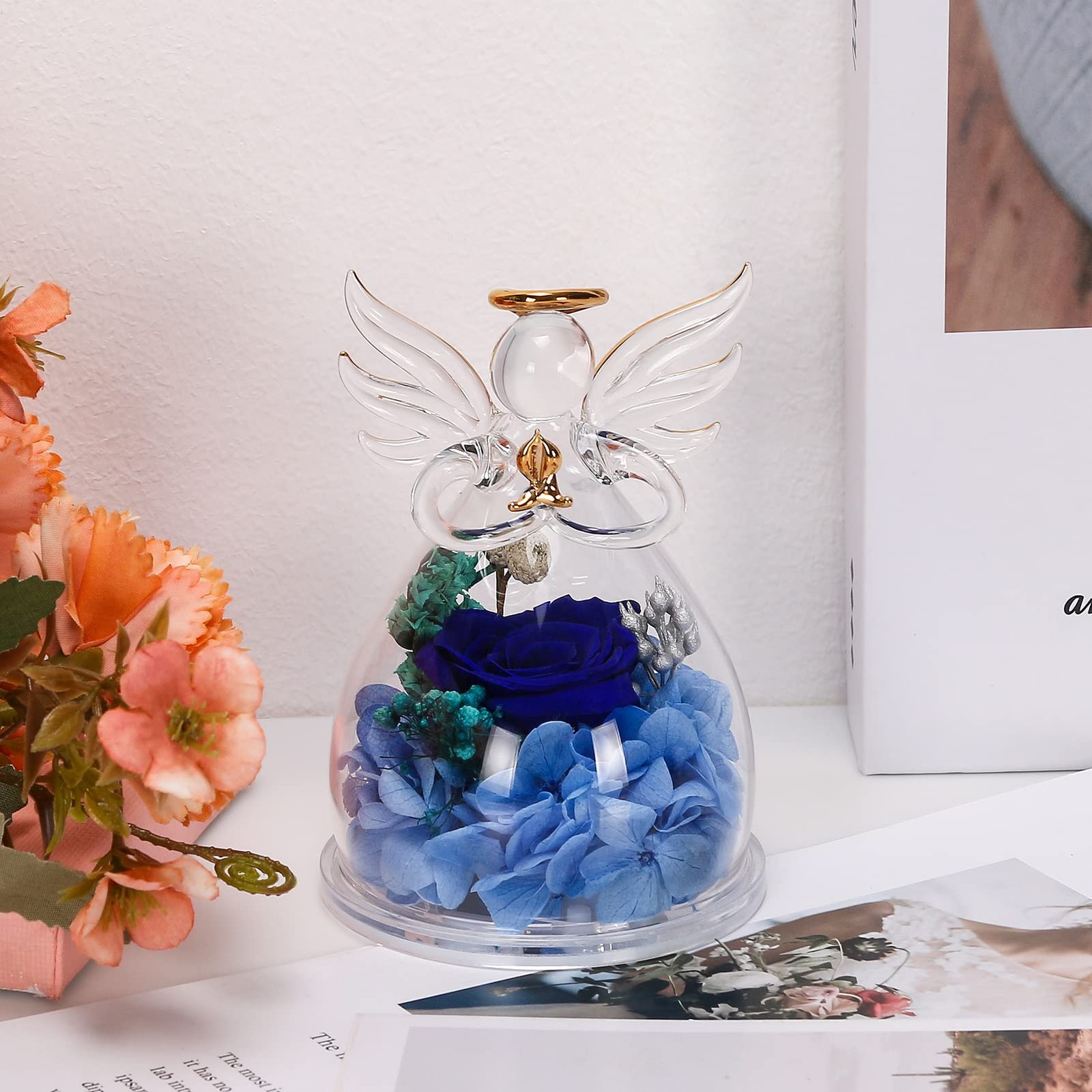 Mothers Day Gifts Fresh Preserved Flowers In Angel Figurine Light Up Blue Decor