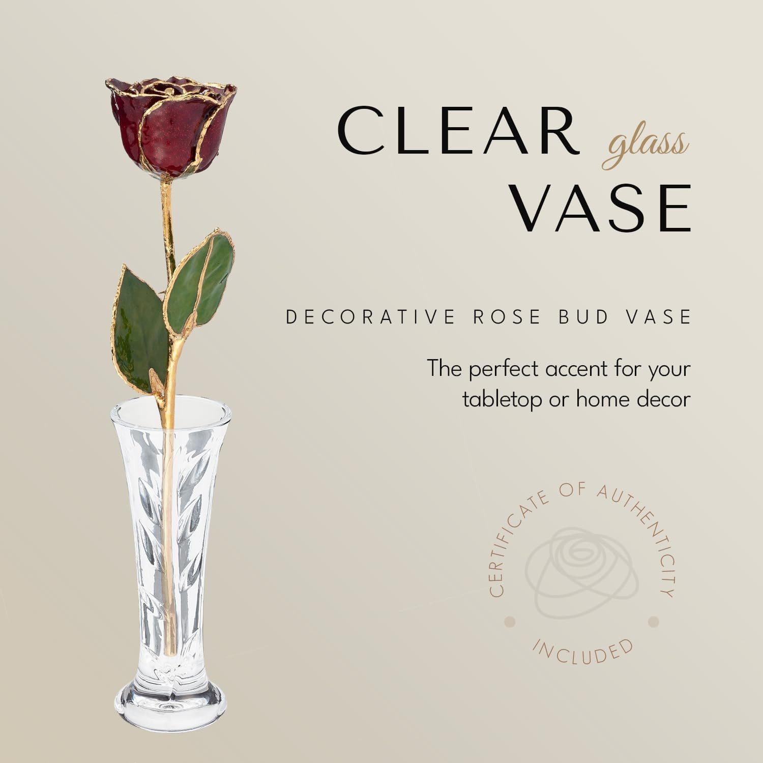 24K Gold Dipped Garnet Rose with Glass Vase – Unique January Birthstone Gift