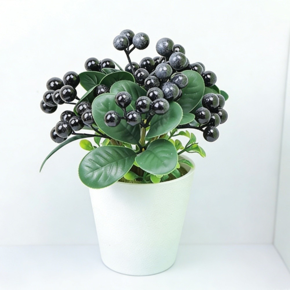 Potted Plastic Blueberry Holly Plant with Lifelike Berries and Foliage