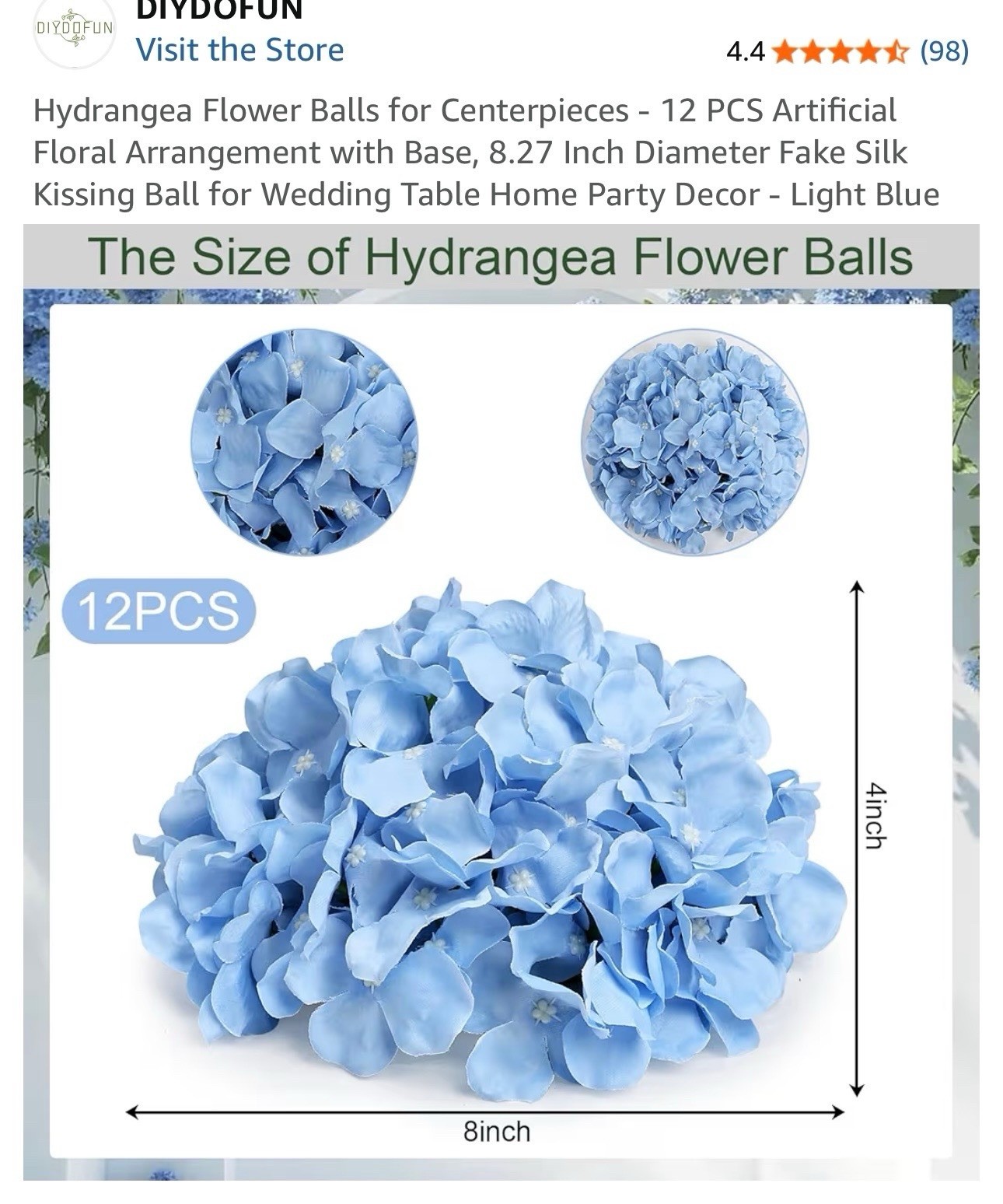 DIYDOFUN Hydrangea Artificial Flower Balls 8 in Light Blue 12 Pack Wedding