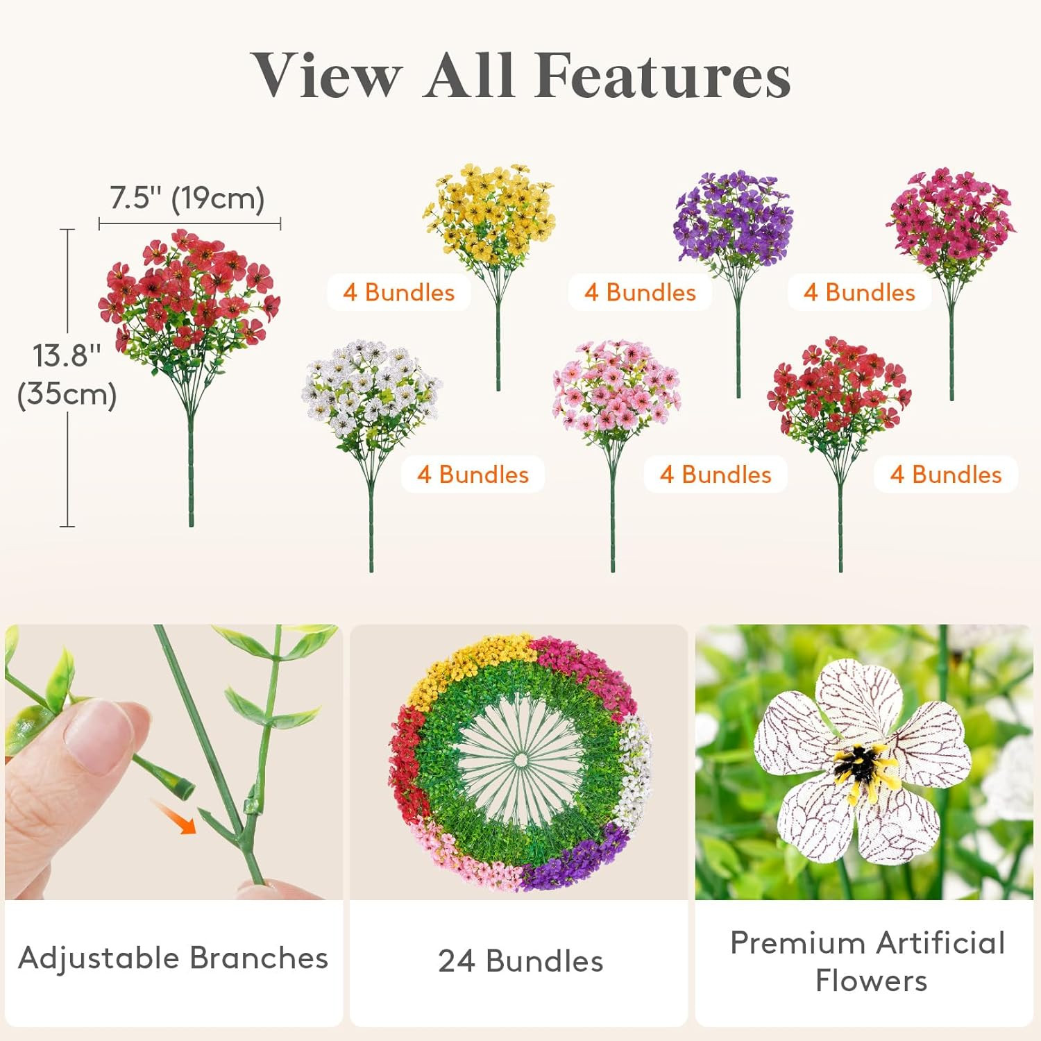 Artificial Flowers for Outdoor Indoor, 24 Bundles Plastic Fake Flowers Daisy wit
