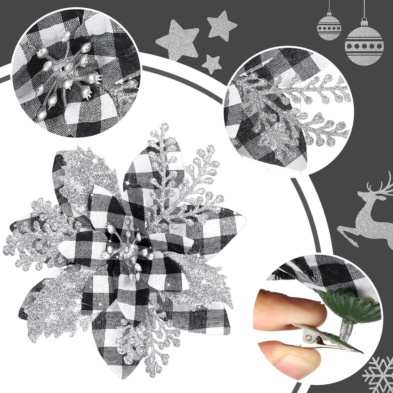 Chic Black & White Buffalo Glitter Poinsettias – 12 Decorative Clips Included