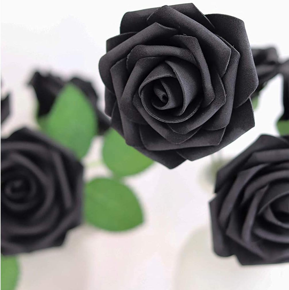 Artificial Flowers 25pcs Real Looking Black Foam Fake Roses with Stems for DIY W