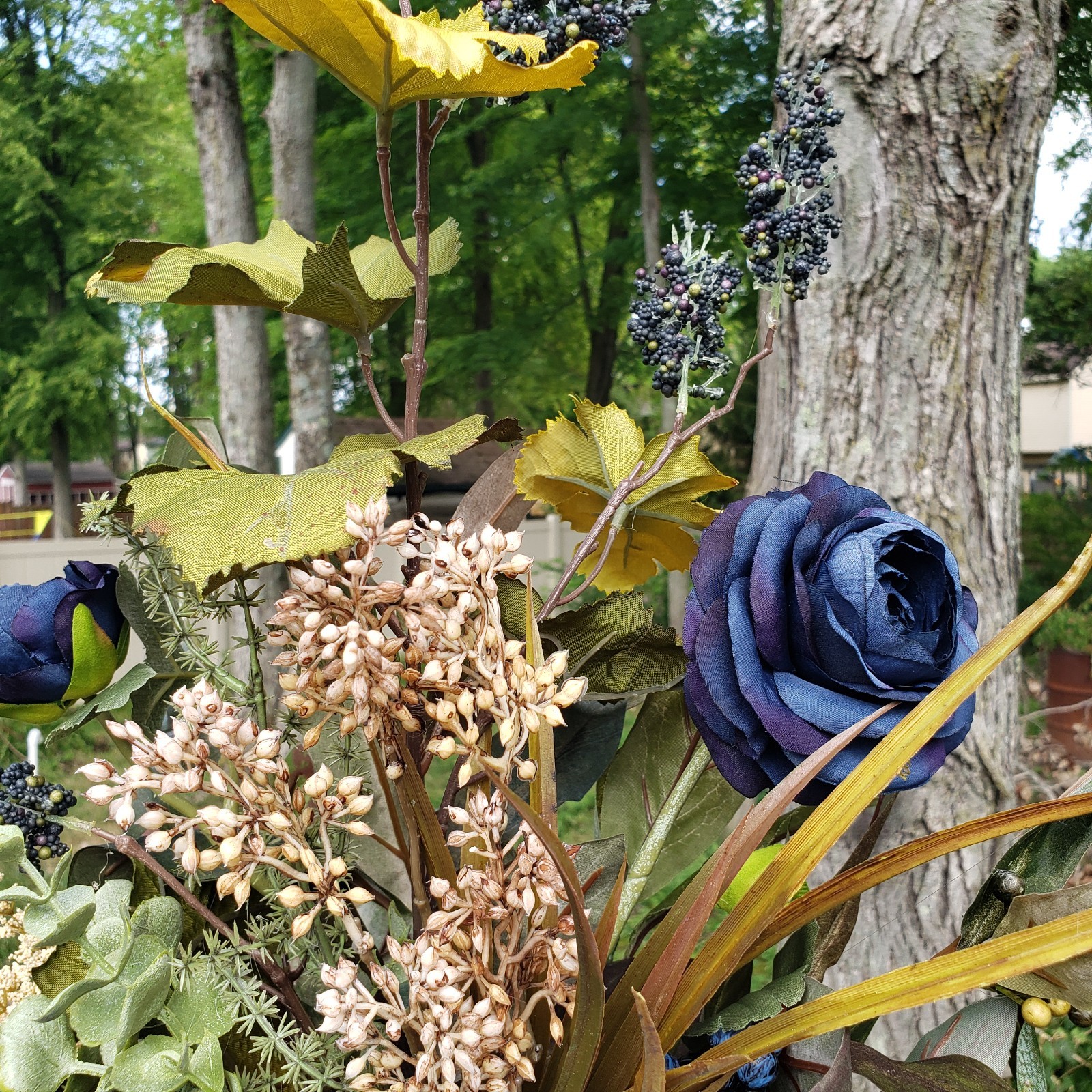 Navy Blue Fall Floral Arrangement Pumpkin Accent, Autumn Magnolia Arrangement