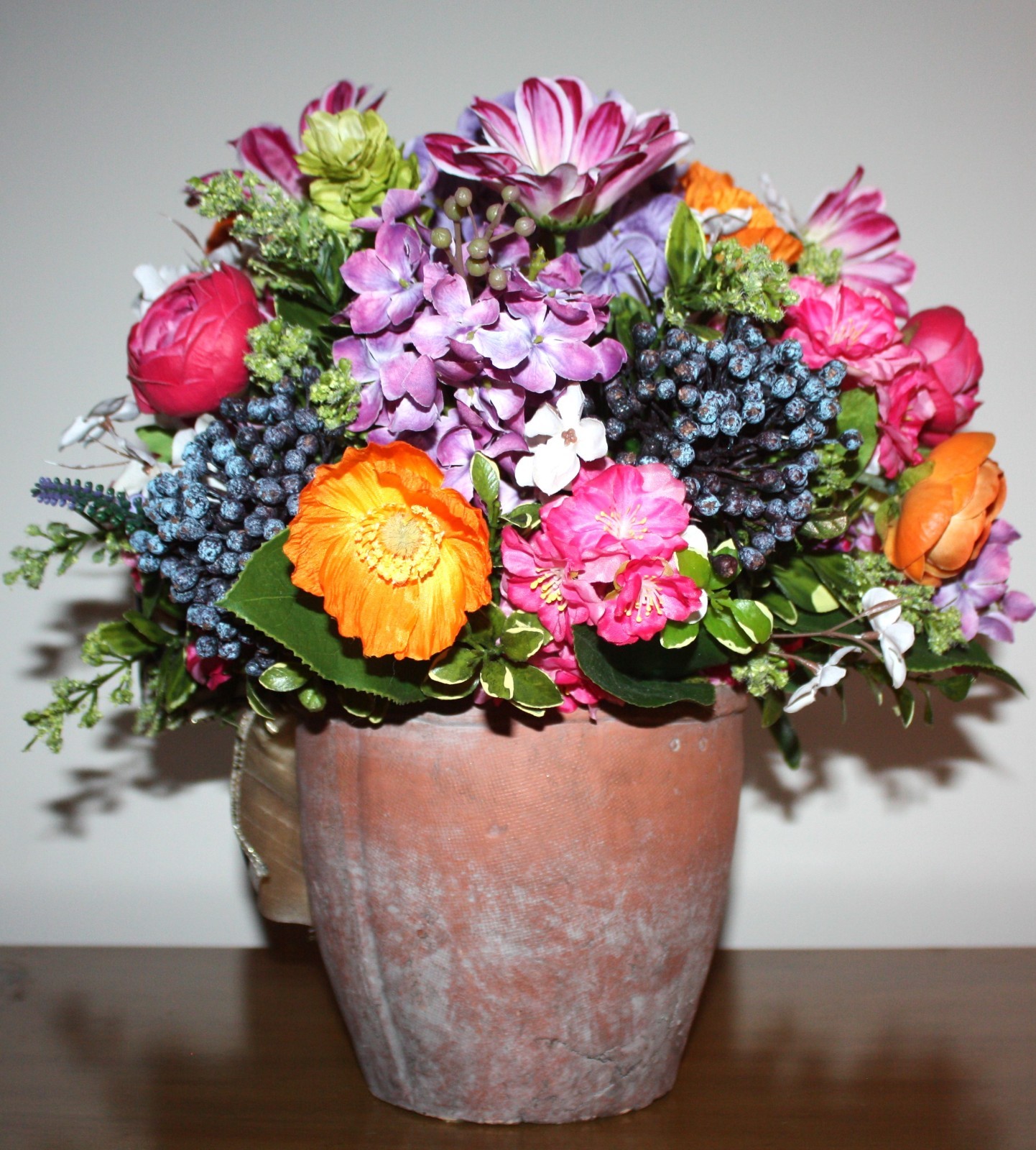 Faux Floral Arrangement In Mossed Terracotta Planter With Mackenzie Childs Bow!