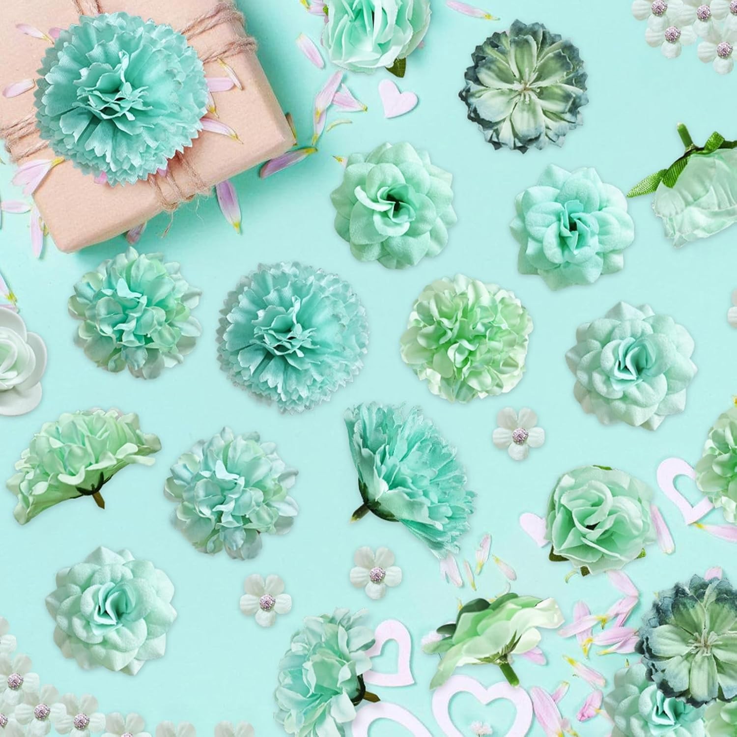 70 pcs Mini Artificial Flowers Heads Mint Green Silk Peony Daisy Rose Bulk Mix