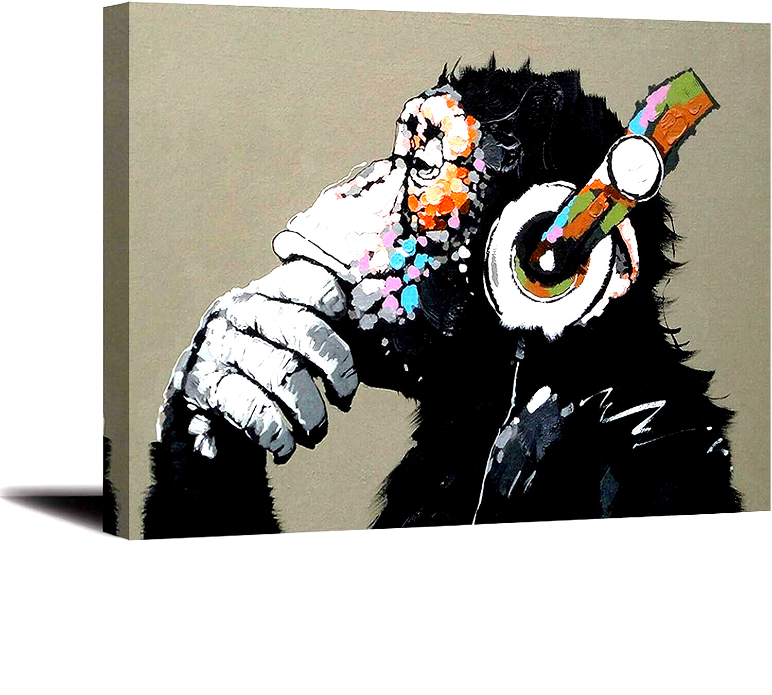 《Chimpanzee Listening to Music》 High Quality Painting Canvas. With Wooden Frame