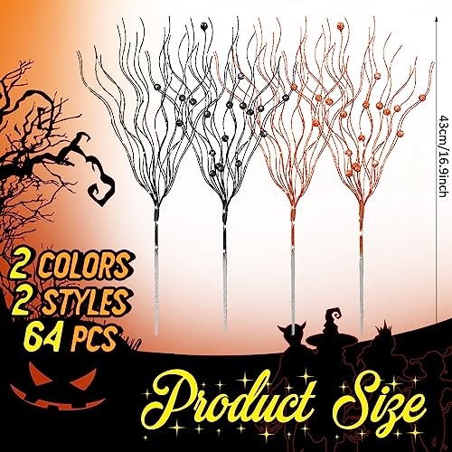 16 Pack Artificial Glitter Berry Stem, 17 Inches Fall and Black, Orange