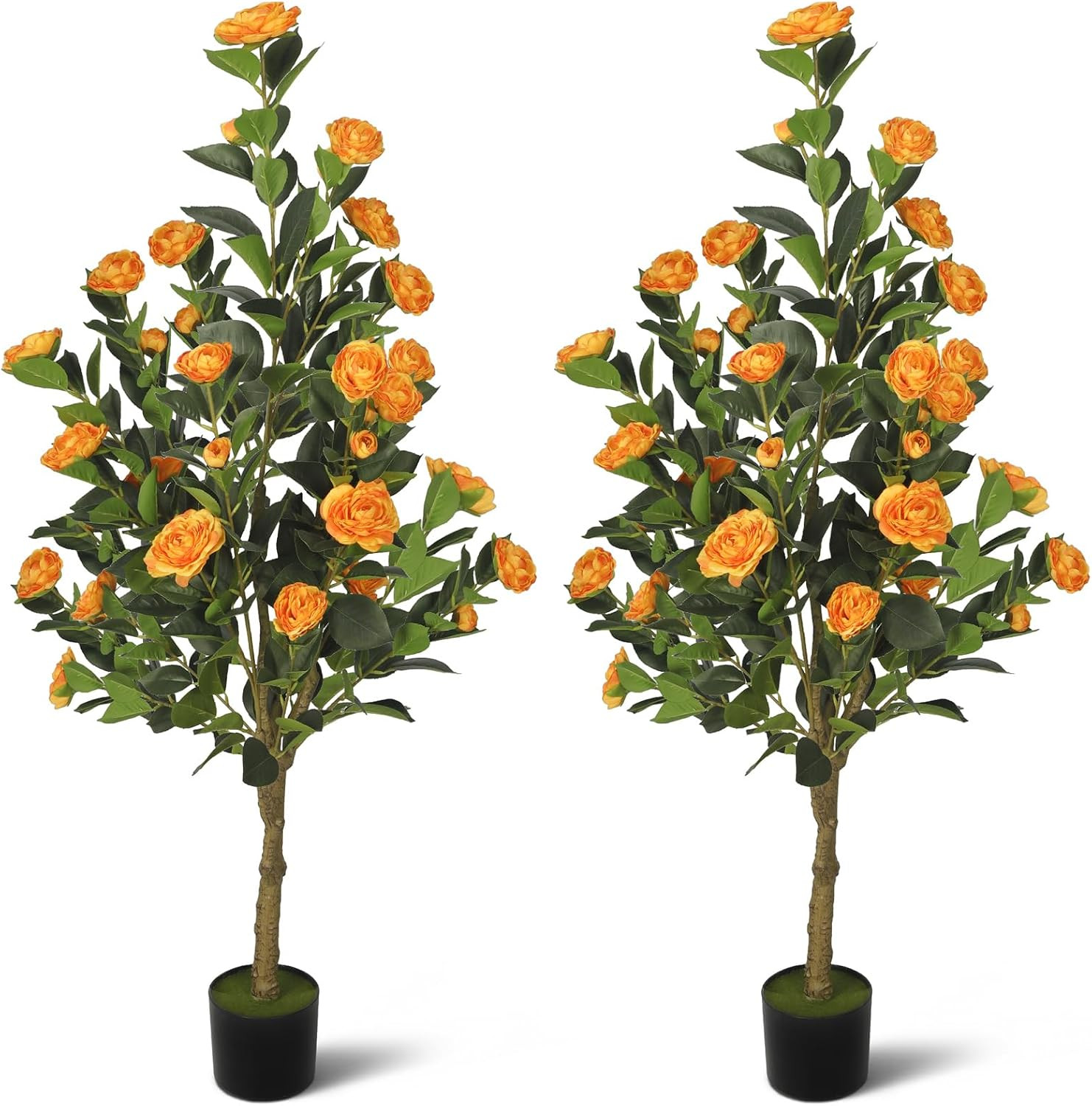 2-Pack 4FT Artificial Camellia Tree,Realistic Fake Potted Plants with Flowers&Pl