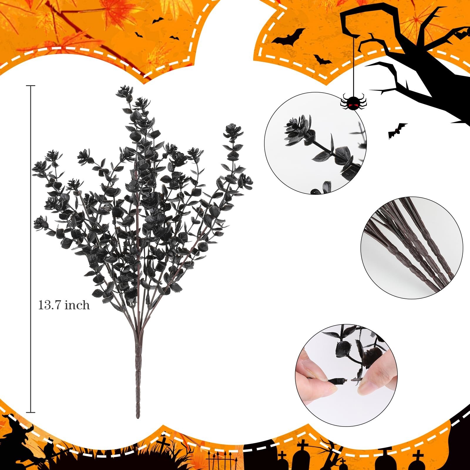 12 Bundles Black Artificial Flowers – No Fade Faux Plants for Halloween Decor, I