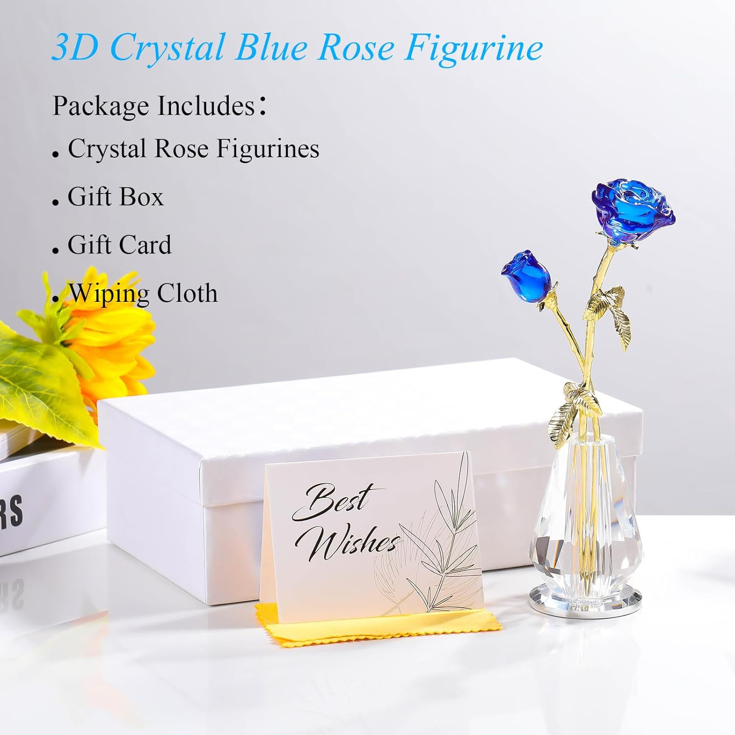 Crystal Rose Flowers Figurines Home Decor, Blue Glass Flowers with Stems, Collec