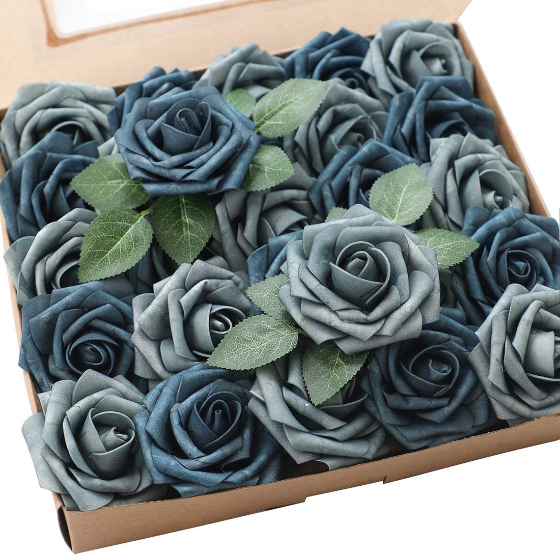 Artificial Flowers 50Pcs Real Looking Dusty Blue Foam Fake Roses with Stems for
