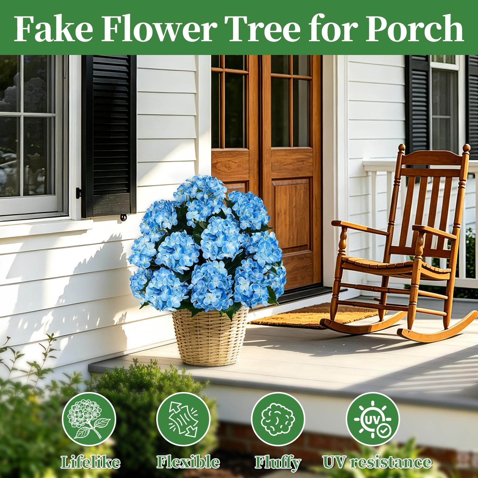 Artificial Topiary Ball Tree with Blue Hydrangea, Set of 2 UV Resistant Shrub…