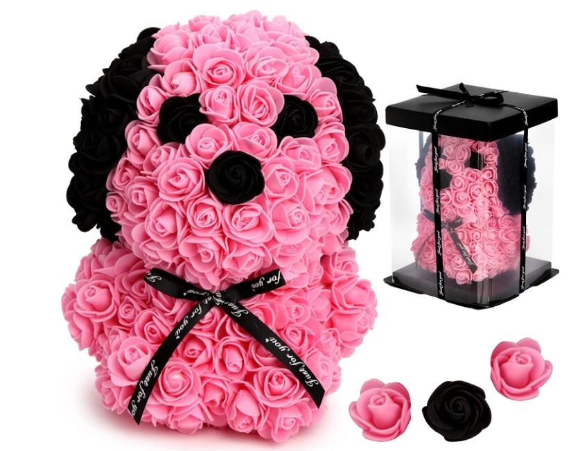 Rose Dog, Artificial Rose Flowers Dog with Clear Gift Box, Valentine’s Day,
