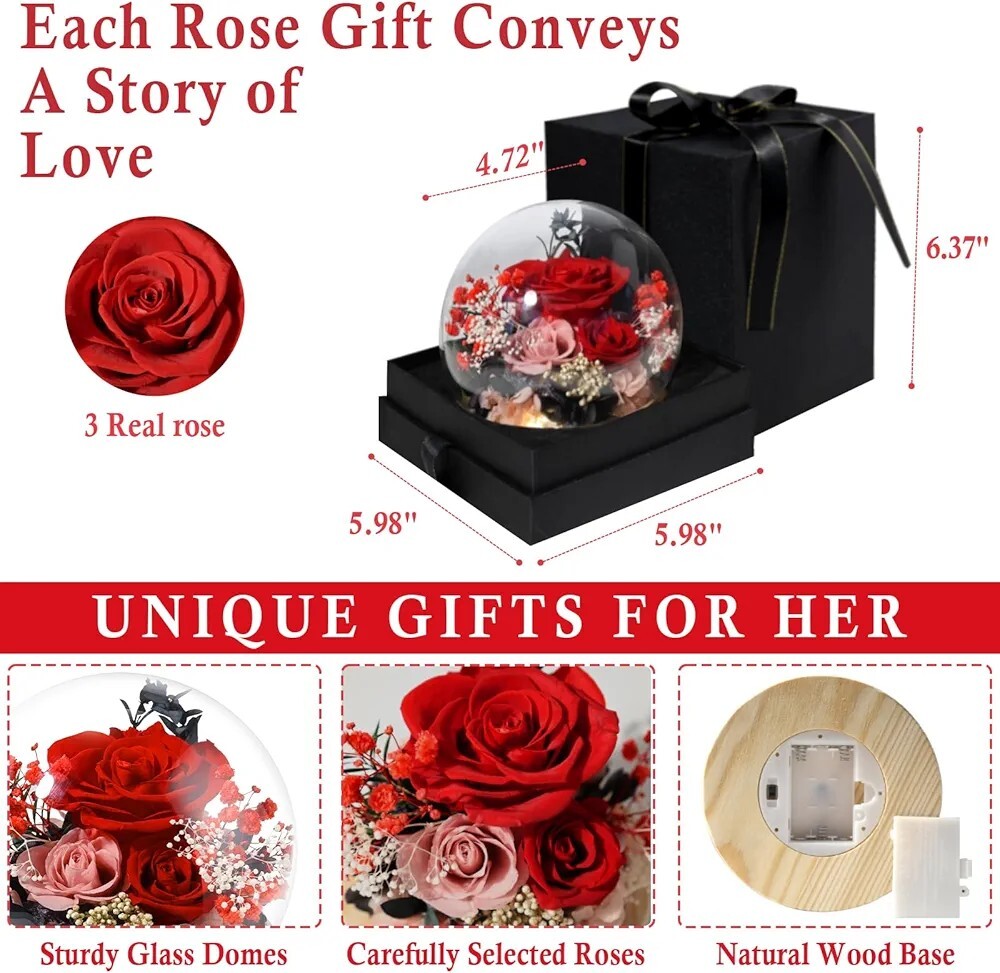 Valentine’s Day Gifts for Her Preserved Real Flowers Eternal Rose in Glass Dome