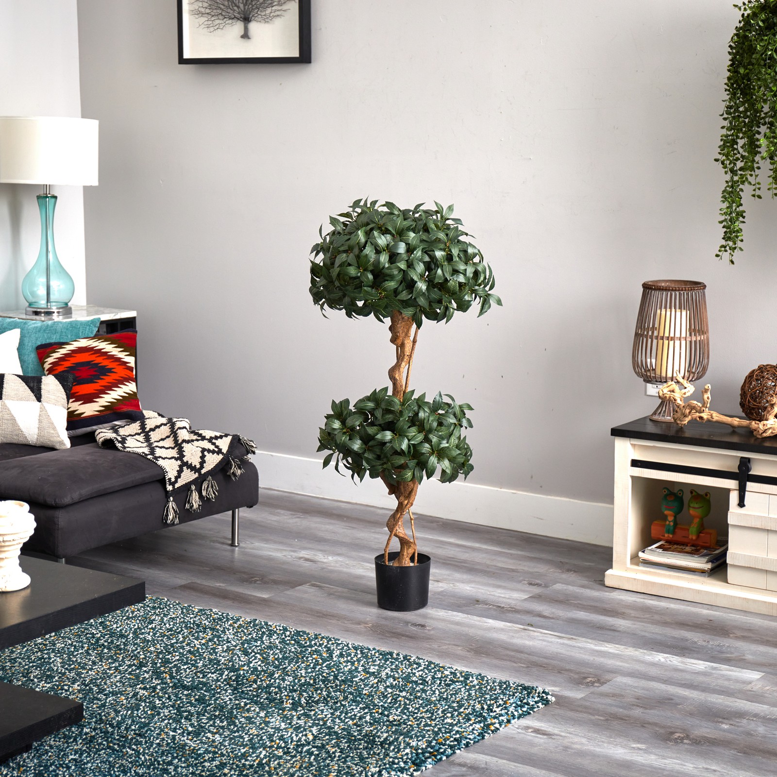 Nearly Natural 48″ Sweet Bay Double Ball Topiary Silk Tree in Green/Black