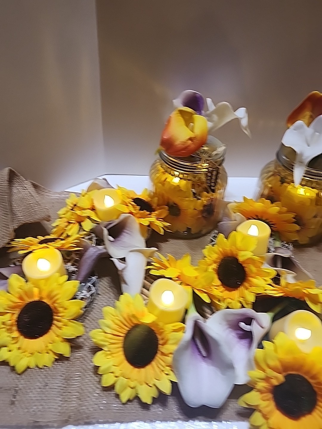 Sunflower Display W/ Lights 70 Inch Burlap 3 Canning Jar 10 Floral Candle Holder