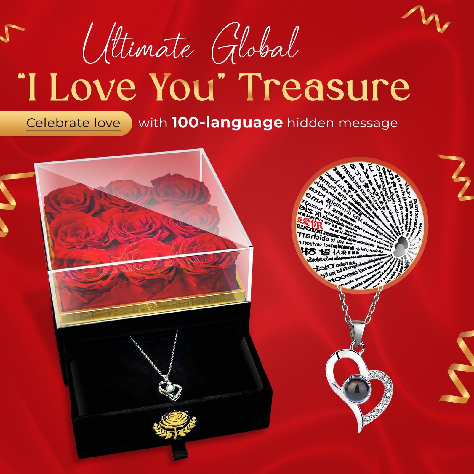 Eterno Bel Fiore Luxury Preserved Roses – I Love You Necklace – Velvet Box wi…