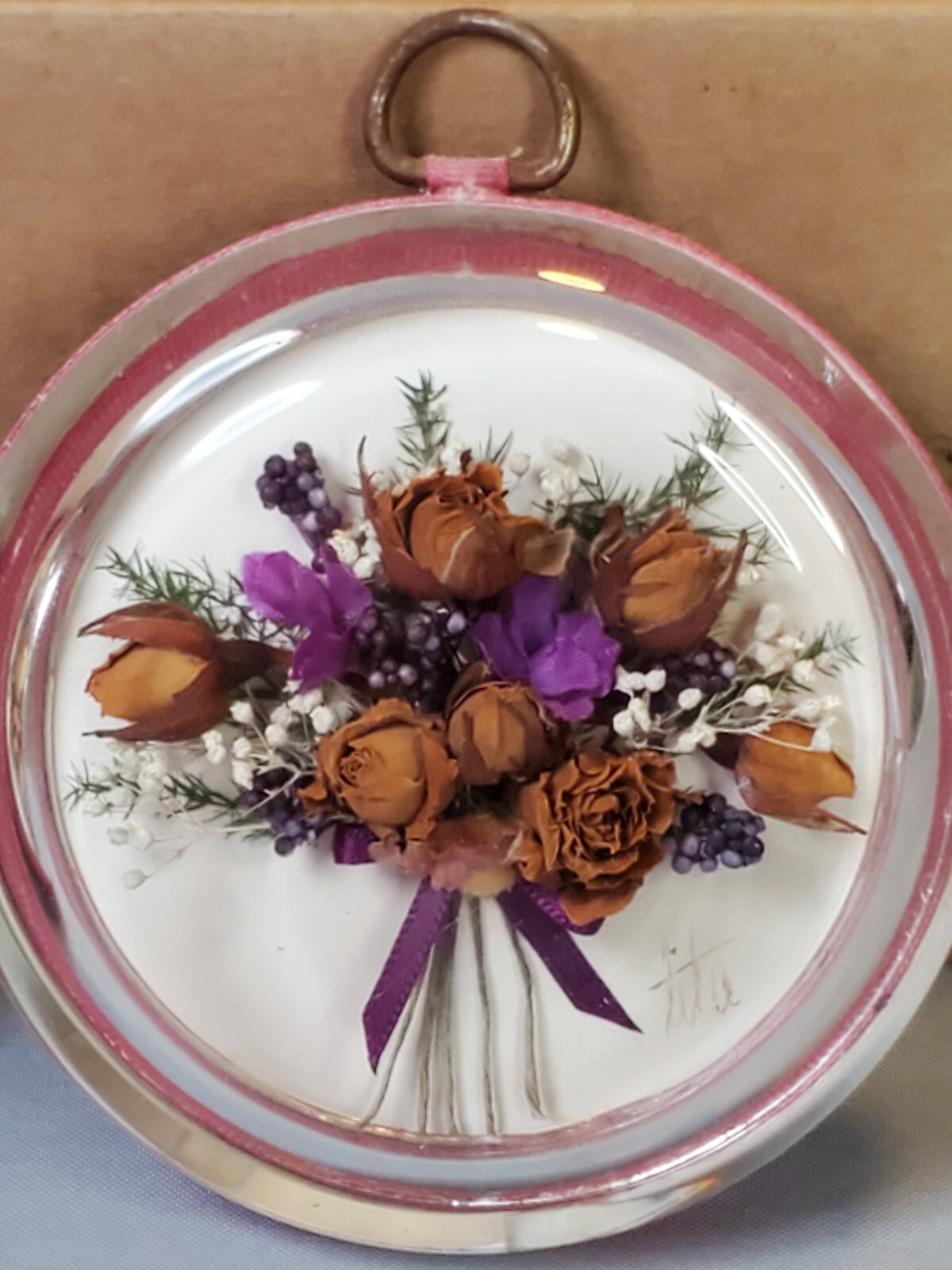 Convex Glass Bubble Dried Floral Silk Ribbon Floral Wall Art Shabby Elegance Set