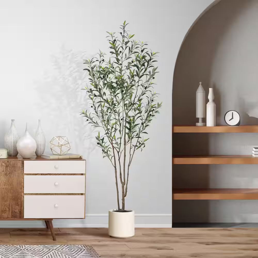 7 Ft. Artificial Olive Tree with White Planter, Large Faux Olive Silk Tree fo…