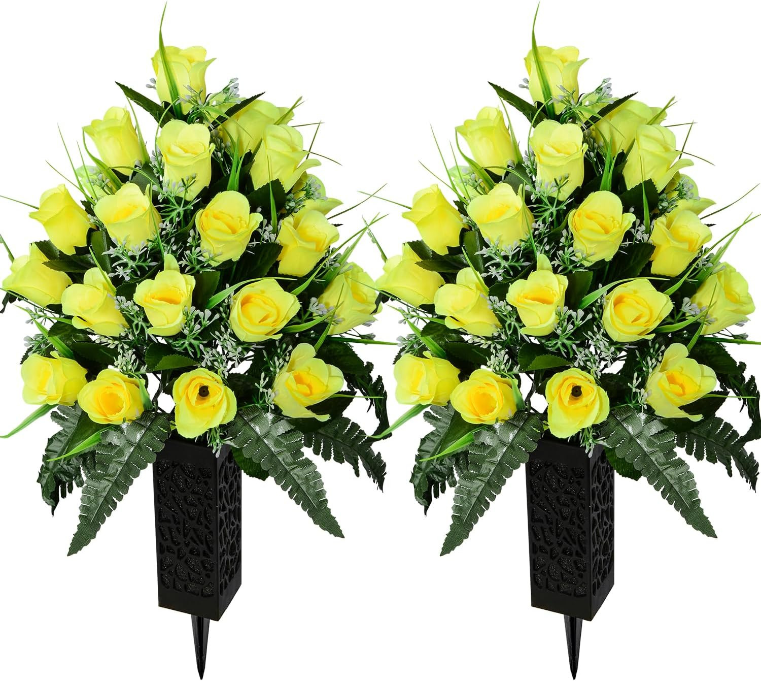 Artificial Cemetery Flowers for Grave, Artificial Rose Memorial Flowers with Vas