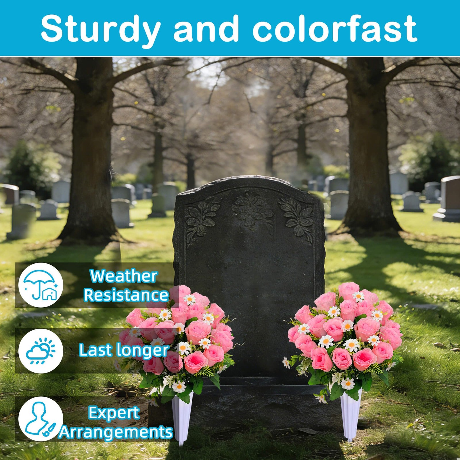 Artificial Cemetery Flowers, Memorial Grave Decorations Roses – 2 Bouquets & …