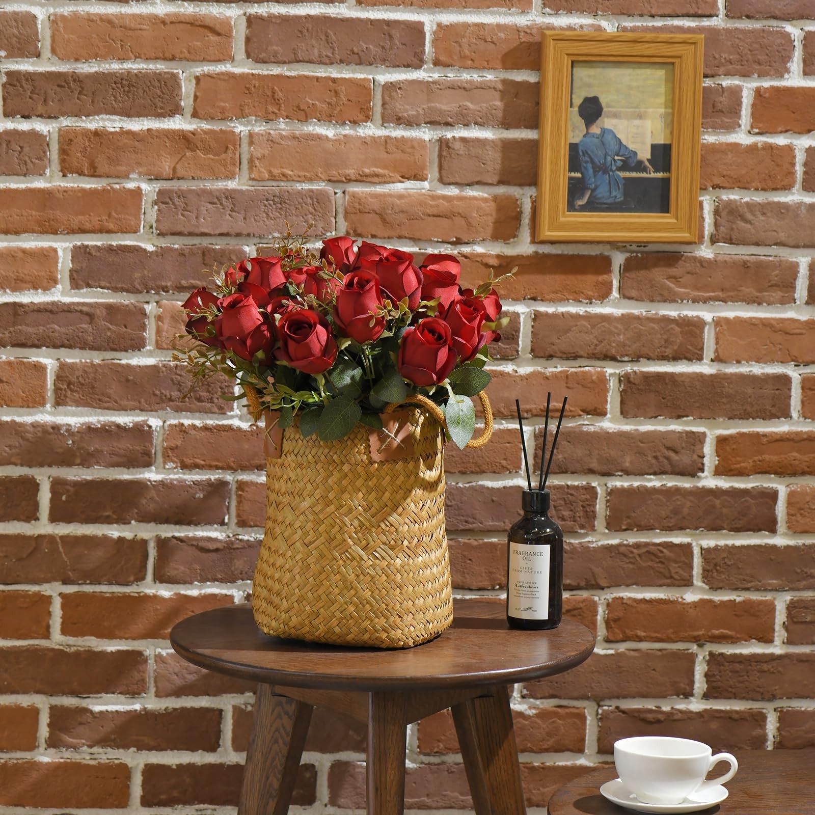 2 PCS FlueHouzz Artificial Roses Fake Silk Bouquet 12 Heads Realistic Burgundy
