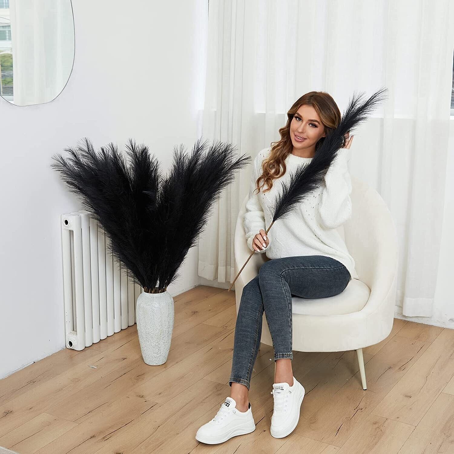 Faux Black Pampas Grass w/8 Large Artificial Pampas Grass Stems — 38″ Set of 8