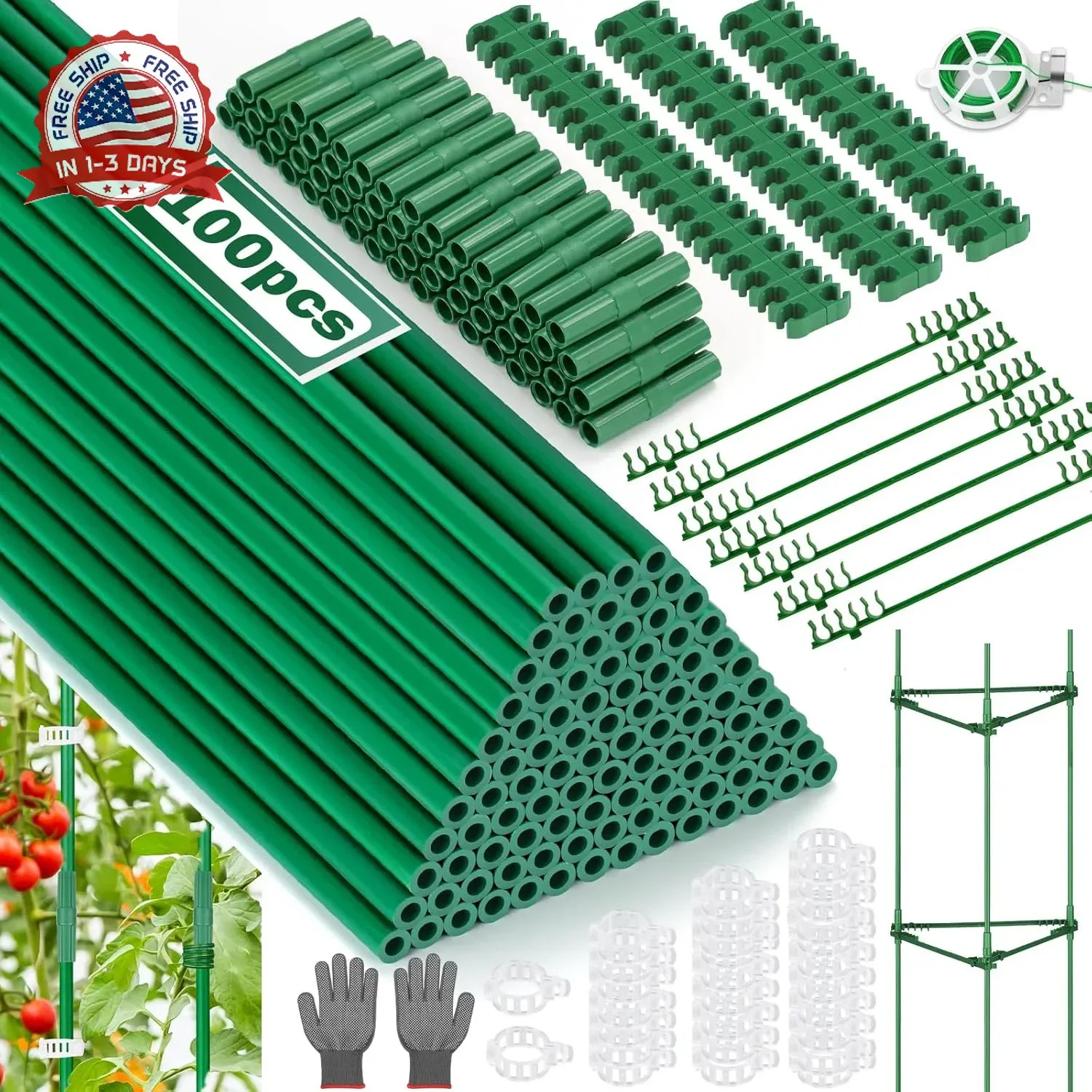 310PCS Garden Stakes Set with 100PCS 16 Inch Fiberglass Plant Sticks and Stake A