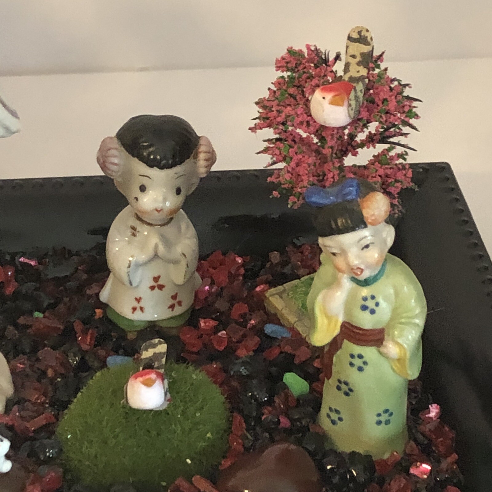 OOAK Asian Art Assemblage Geisha Garden Diorama Faux Poppies Home Decor
