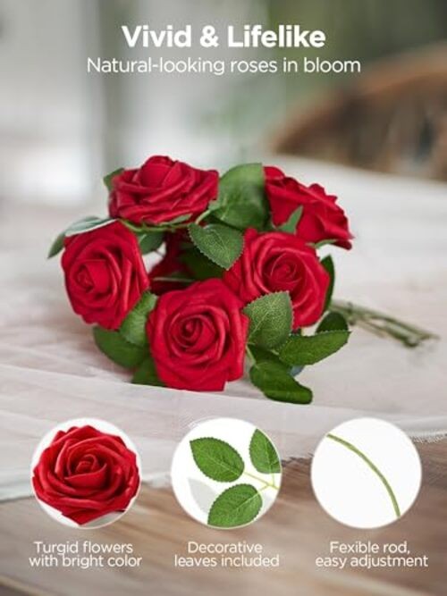 Artificial Flowers Pcs Foam Fake Roses Bulk with Stems for 50 Dark Red