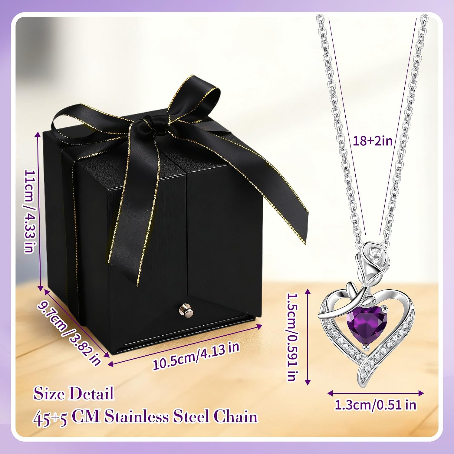 Preserved Purple Flower Rose with Necklace, Forever Flowers Eternal