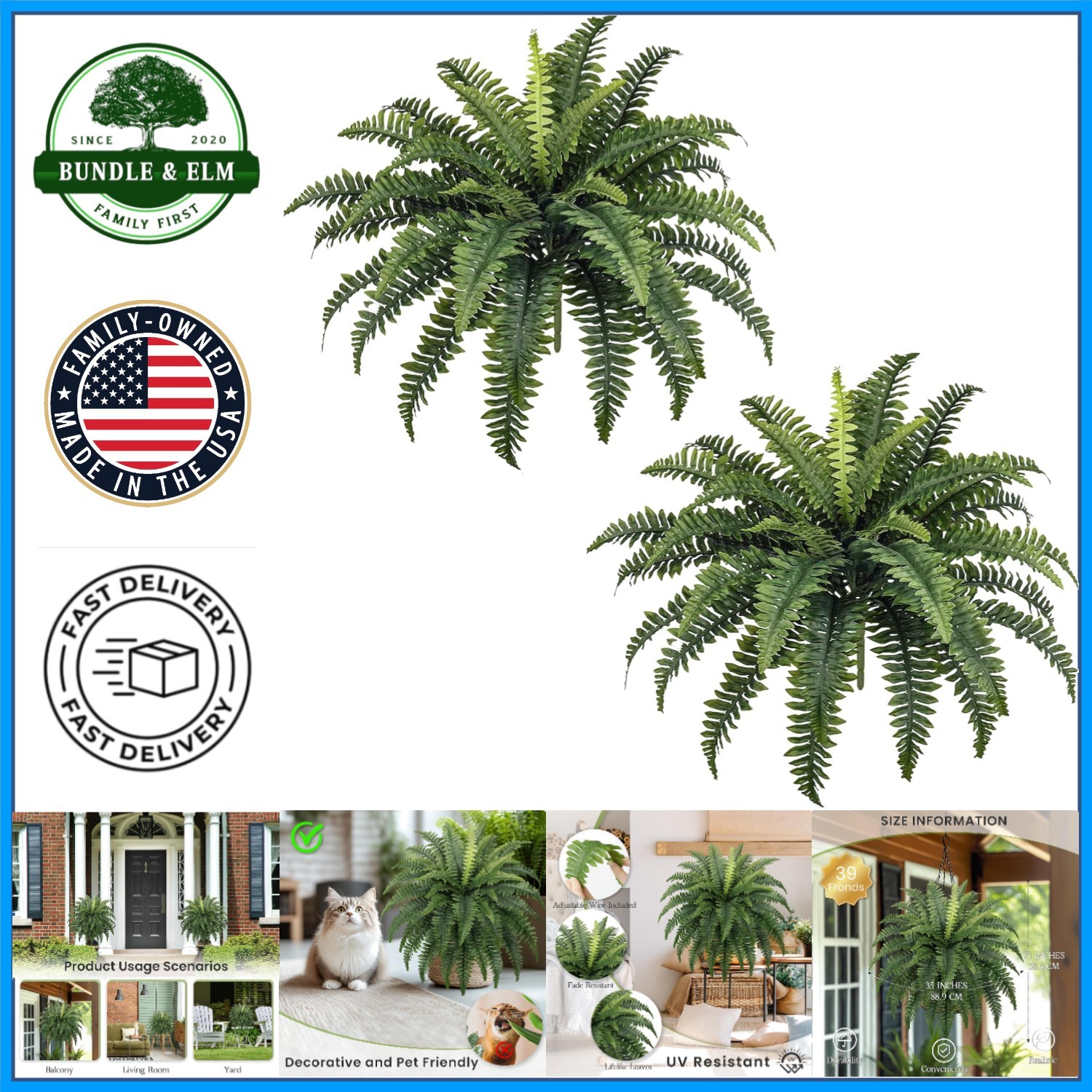 Indoor-Outdoor Artificial Ferns, Perfect for Living Room and Garden Decor