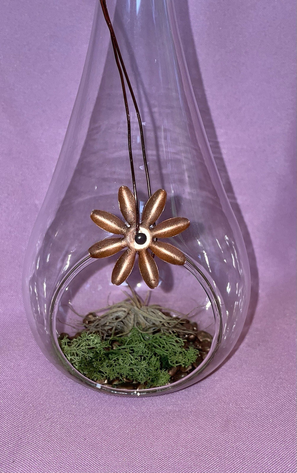 16” Blown Glass Teardrop Hanging Globe Terrarium Copper Flower Accent