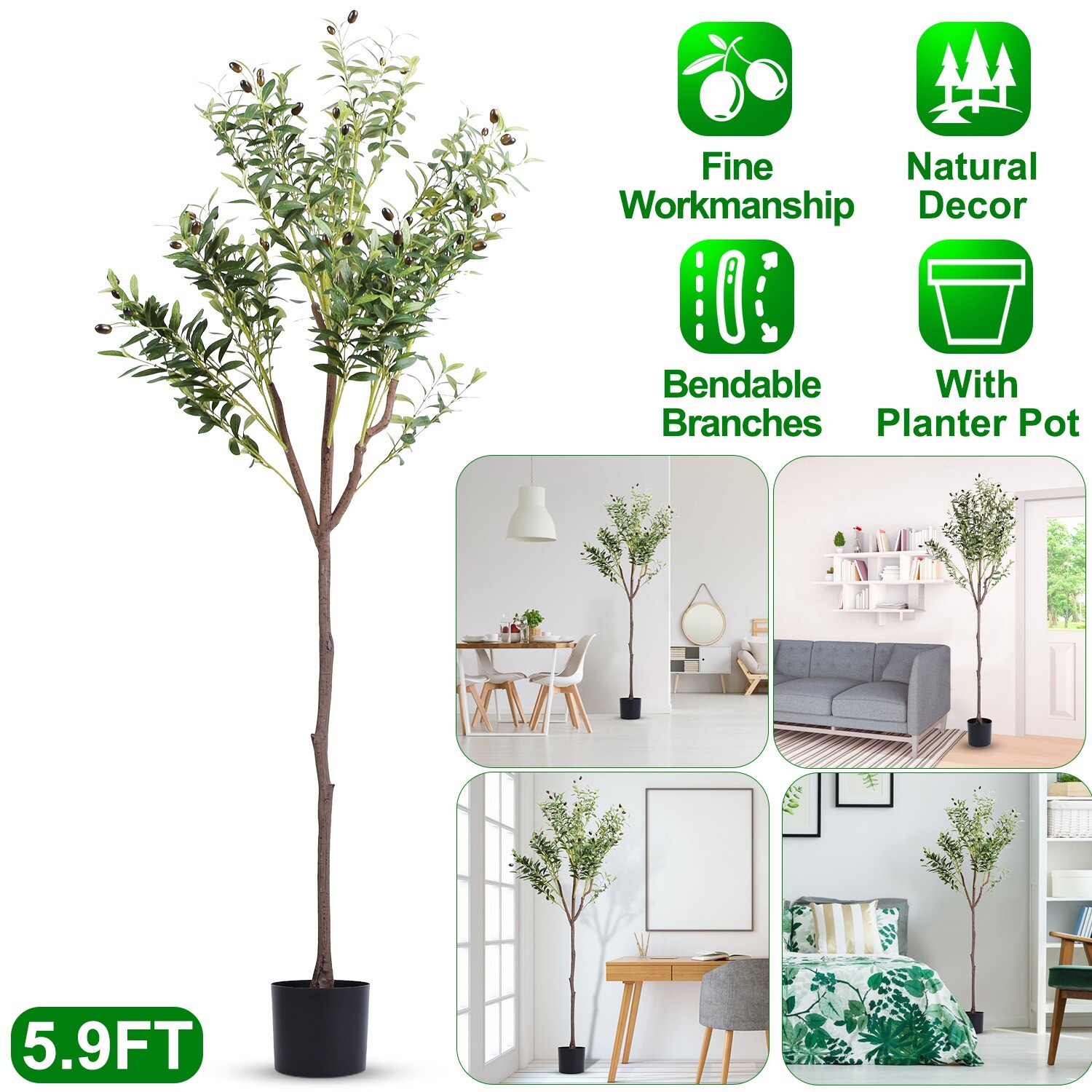 5.9FT Artificial Olive Tree Faux Olive Plants Potted w/ Leaves & Fruit Silk Tree