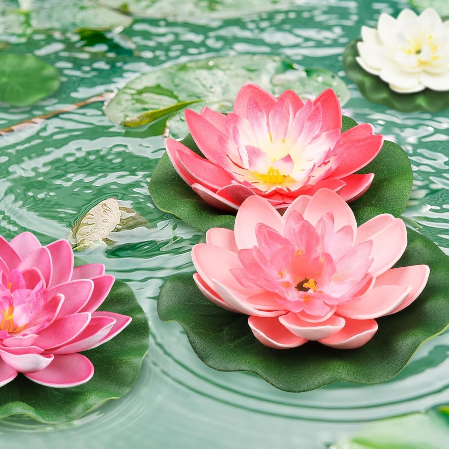 10PCS 3 Sizes Artificial Foam Lotus Floating Flowers with Water Lily Pad Orna…