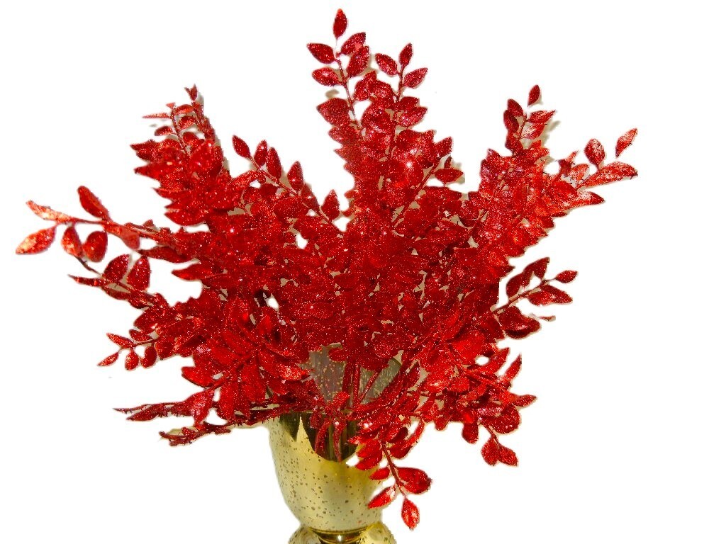 7 Artificial 17″T RED Glittered Leaves Branches Stems Crafts Centerpiece