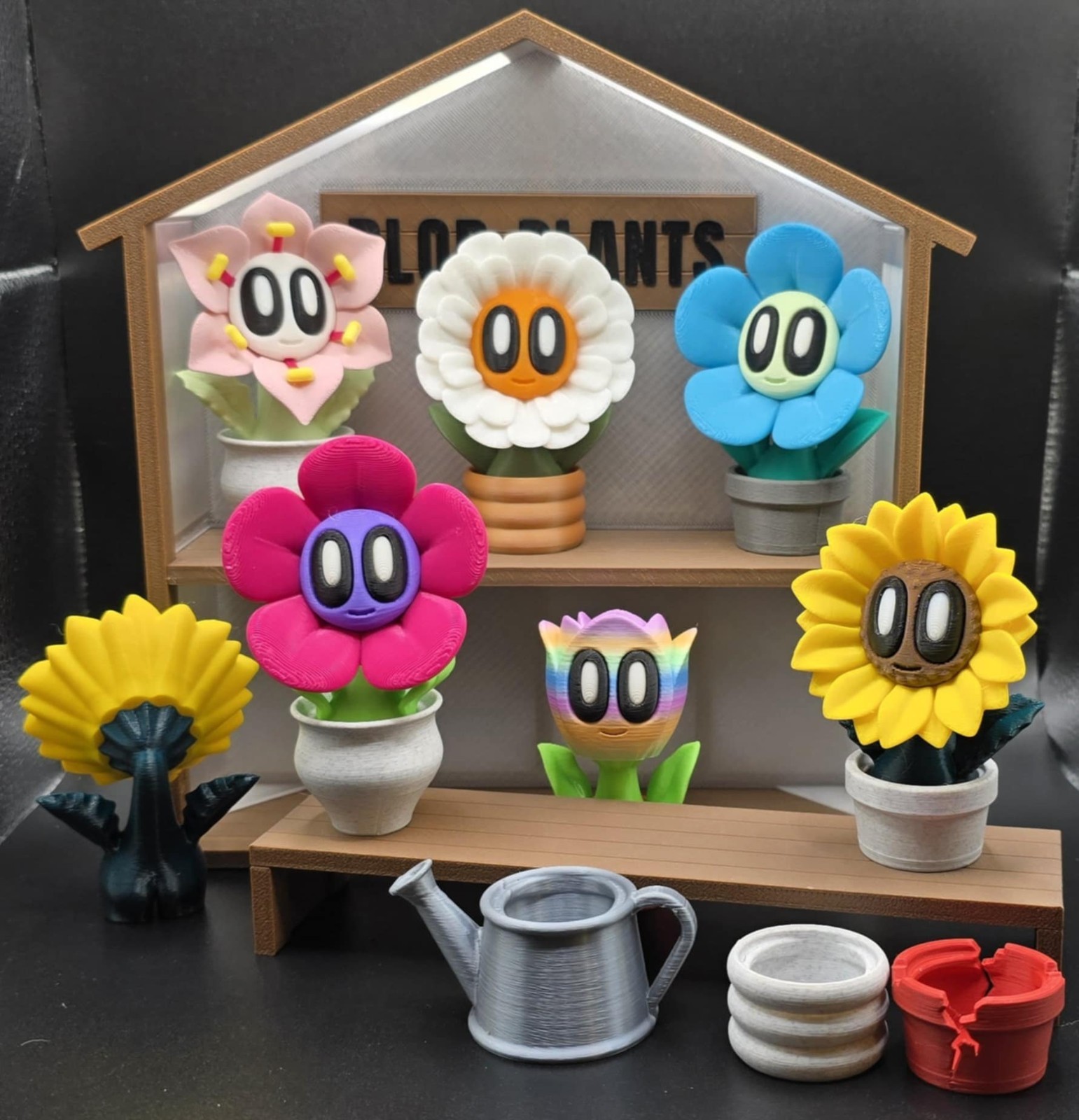3D Printed Blob Flower Set with pots, 12 pieces total, Multicolor Lot