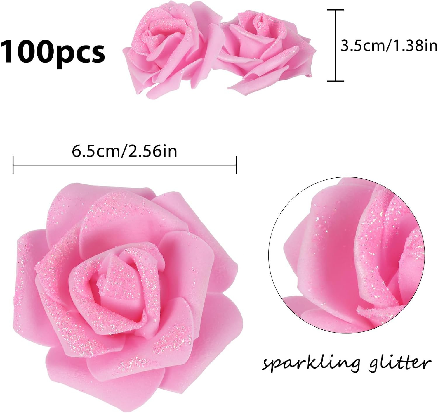 Pink Glitter Roses 100Pcs Foam Roses Stemless 2.56″ Pink Artificial Roses Glitte