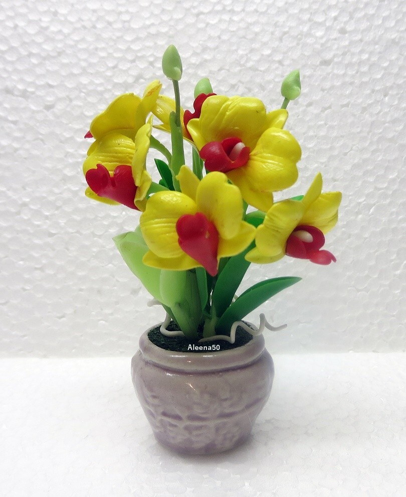 US stock 4″H Handcrafted Miniature Yellow Dendrobium Orchid arranged in pot